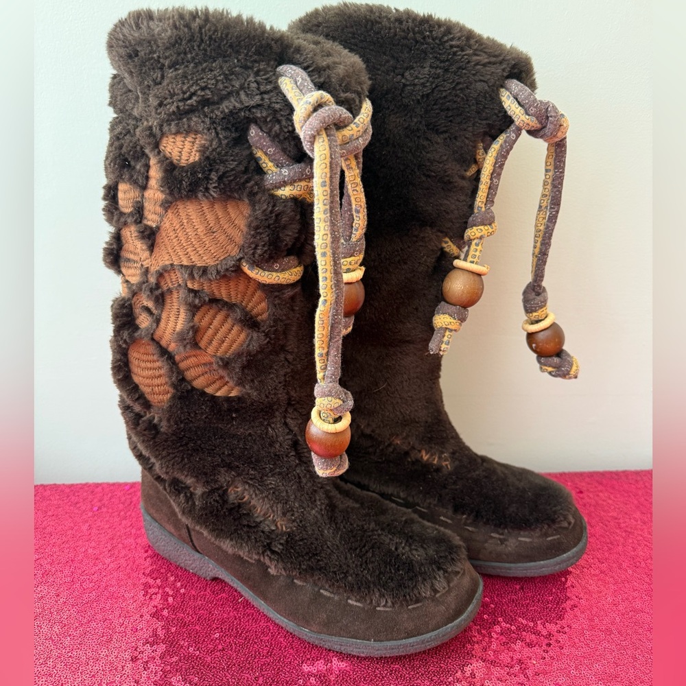 🐻SAM EDELMAN Brown Patchwork Faux Fur Winter Snow Chunky Lace Up Boots Y2K 9.5